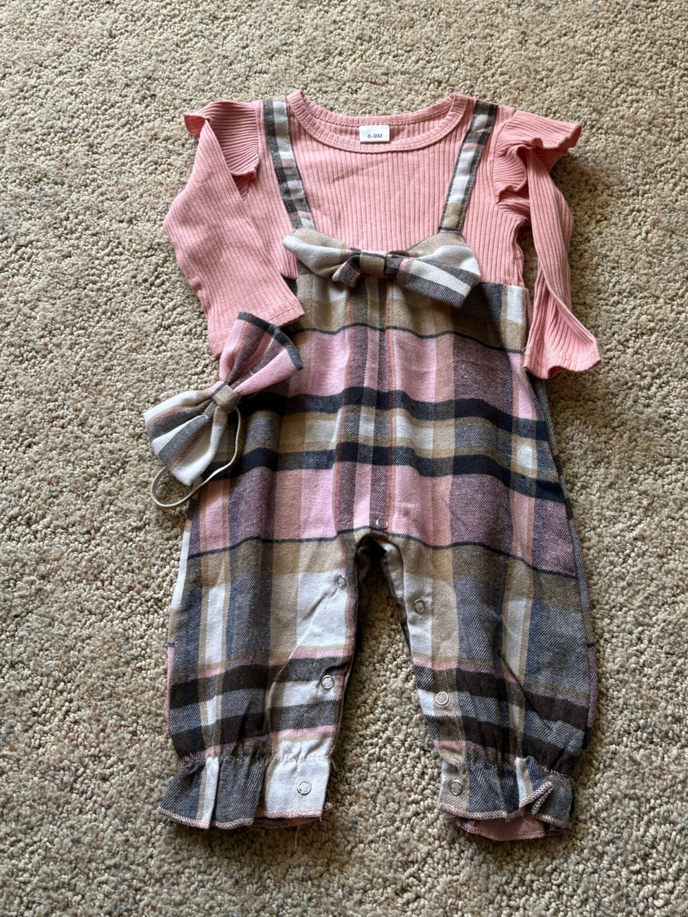 🩷 6 for $20 🩷 Pink Ribbed Top & Plaid Bow Romper Set - Pink, Cream, Brown